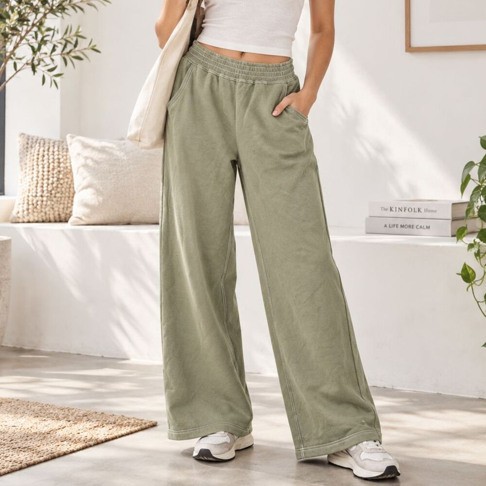 Free People Women's Sweatpants Pants Smocked Pull-On Wide-Leg Cotton  M 291054